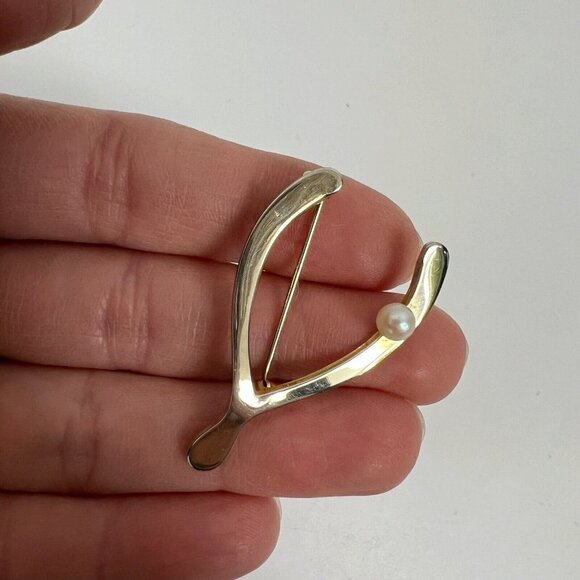 Vintage Brooch 12K GF Wishbone Pearl Gold Filled - Picture 1 of 11
